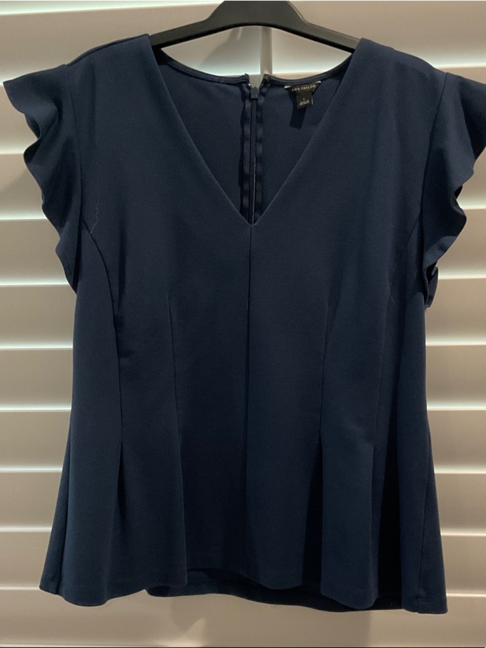 Ann Taylor Navy V-Neck Flutter Sleeve Blouse